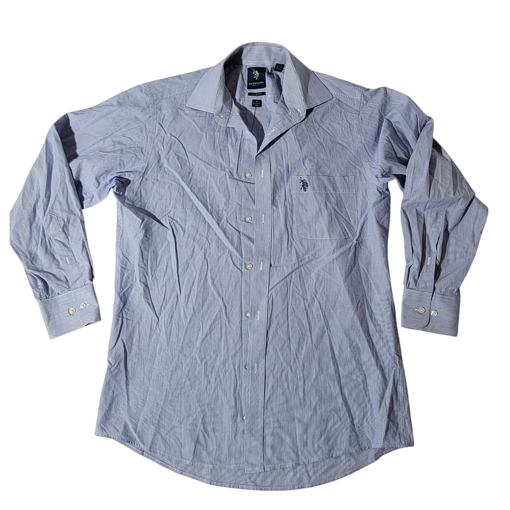 US Polo Assn Mens Slim Fit Micro Stripe Button Down Shirt Blue White Size M 15.5